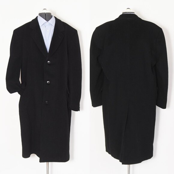 Men’s Overcoat 48R Wool Cashmere Blend Made in England Black Dress Coat Lined - Picture 1 of 8